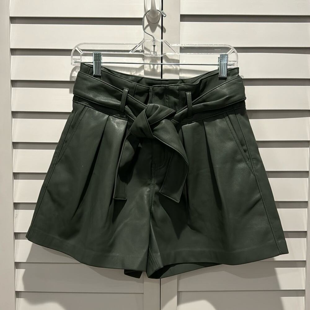 Blank NYC Olive Green High-Waist Tie Belt Faux Leather Shorts